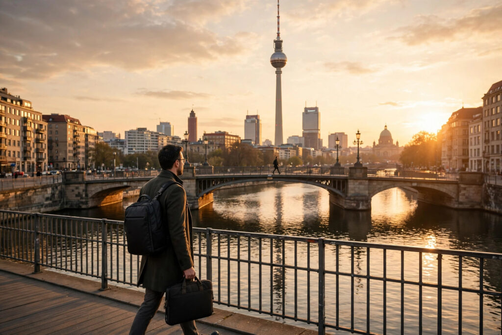 Berlin skyline at golden hour, with a professional crossing a bridge with a laptop bag