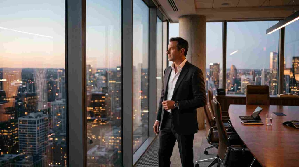 Executive entrepreneur standing in high-rise corner office overlooking city skyline