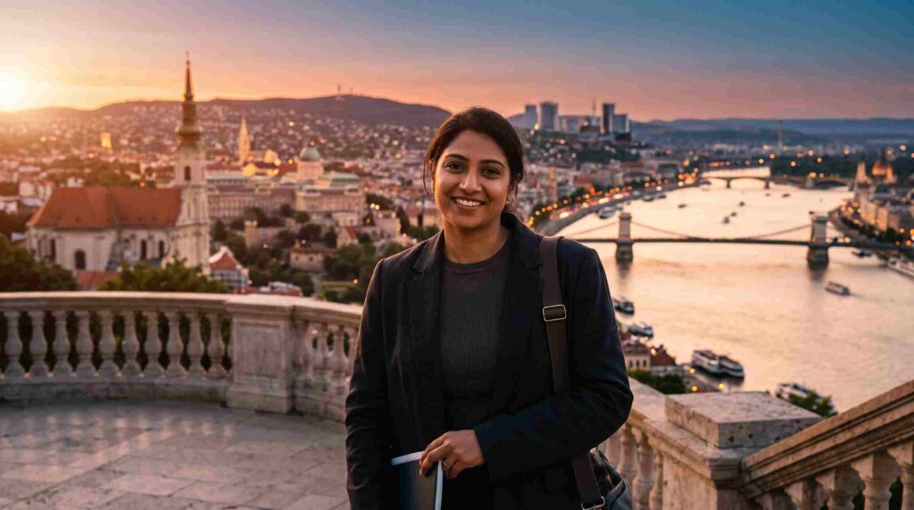 Young professional smiling outdoors with European city skyline and river in background