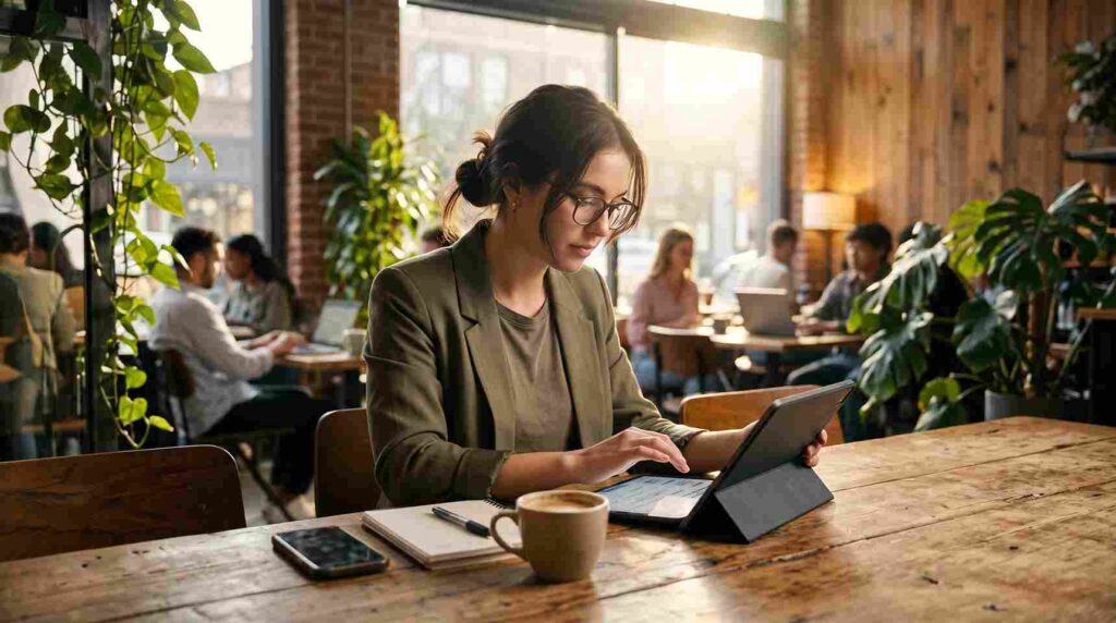 Job seeker working on tablet reviewing employment opportunities in cafe workspace