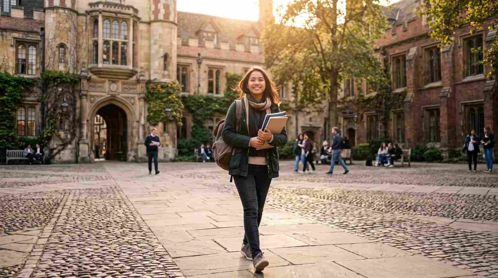 International student holding books walking across university campus grounds
