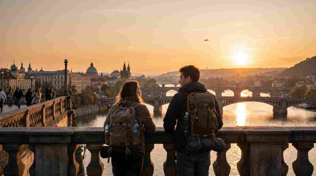 Two travelers with backpacks standing on stone bridge overlooking city at sunset