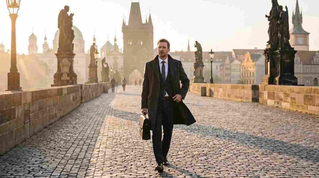 Professional in business attire with briefcase walking across European bridge